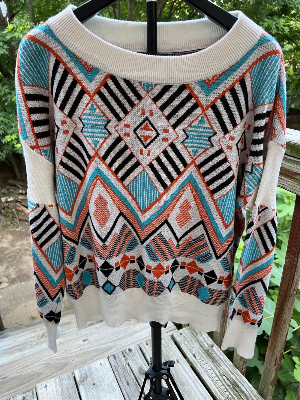 Aztec Geometric Pattern Crewneck Sweater - White with Turquoise & Orange